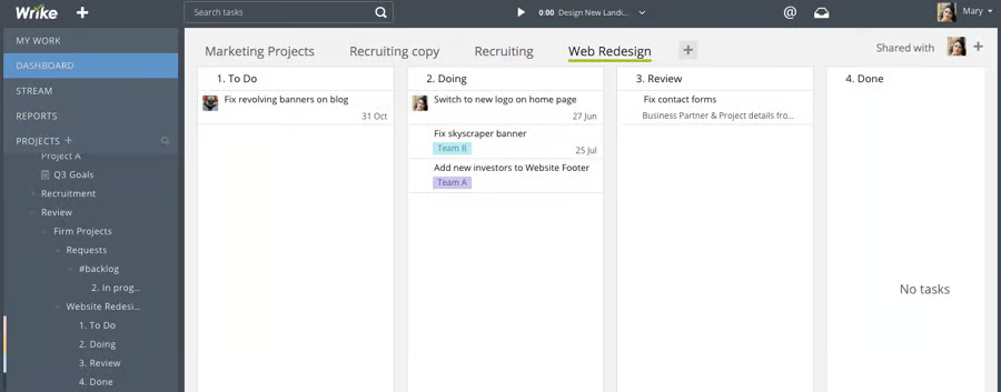 Screenshot of Wrike Kanban board.