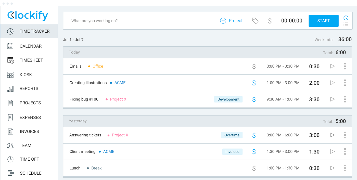 Clockify’s time tracking feature.