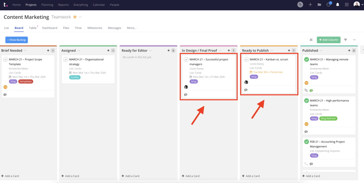 Screenshot of Teamwork Kanban board.