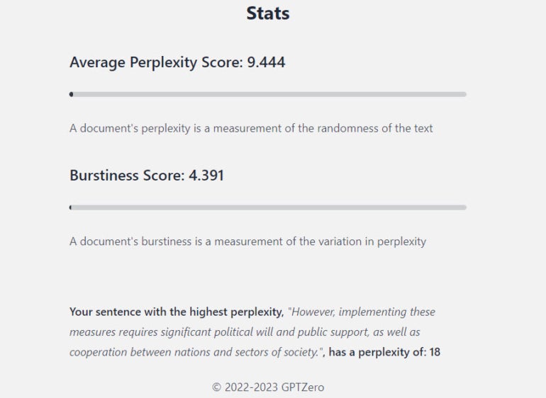 Average Perplexity Score and Burstiness Score for the AI text.