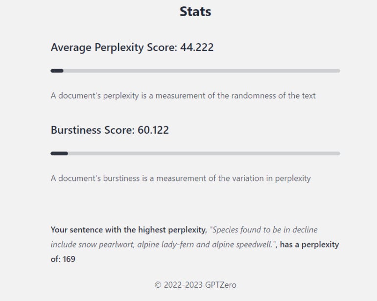 Average Perplexity Score and Burstiness Score.
