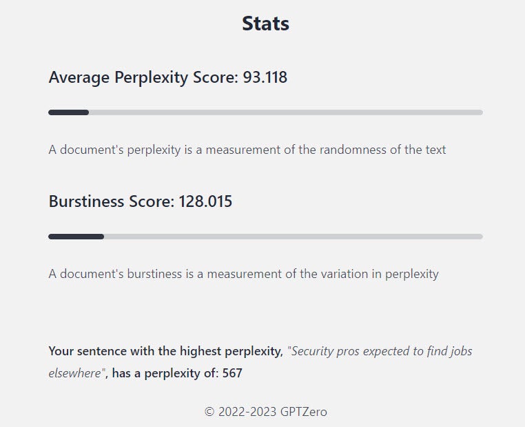 Average Perplexity Score and Burstiness Score.