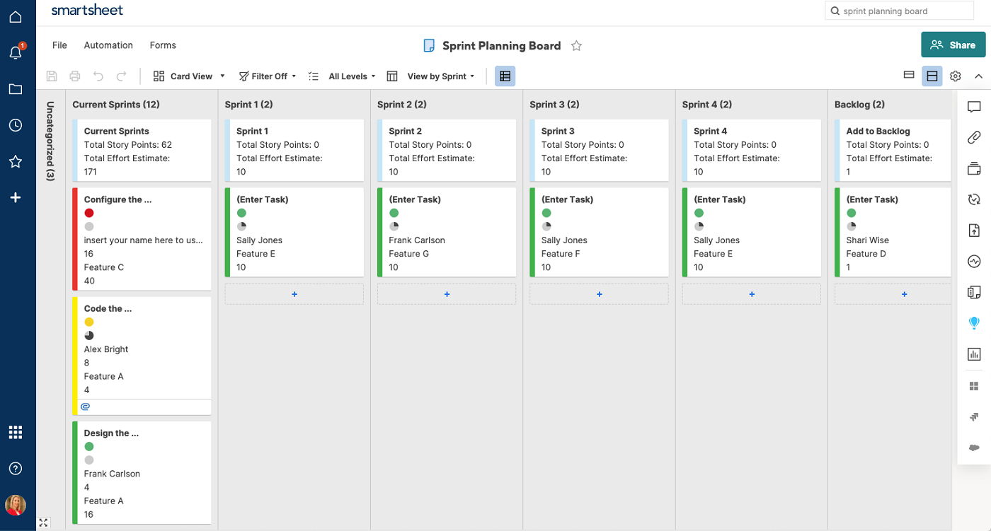 Screenshot of Smartsheet Kanban board.