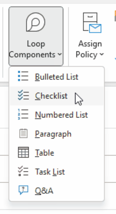 A dropdown list of the Loop components you can use in Microsoft Outlook.