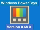 A blue screen with a rainbow colored technology icon. Text reads Windows PowerToys Version 0.68.0.