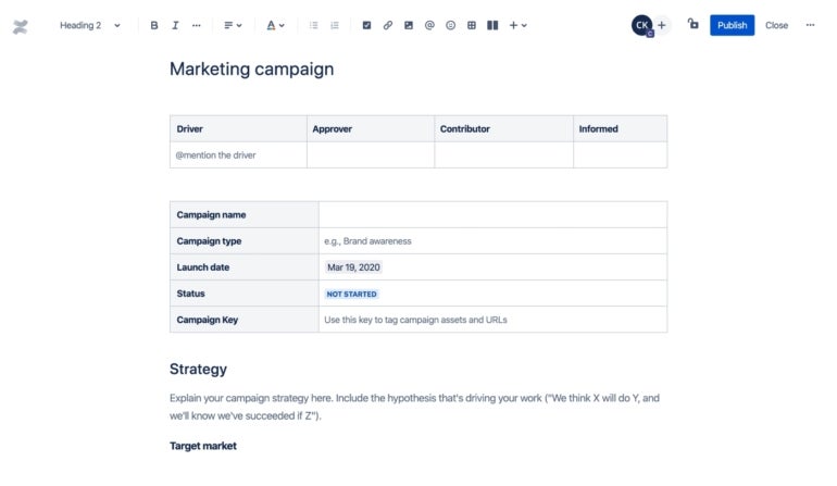 Confluence marketing campaign dashboard