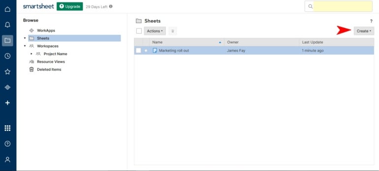 From the Sheets dashboard, click Create to start a new project in Smartsheet.