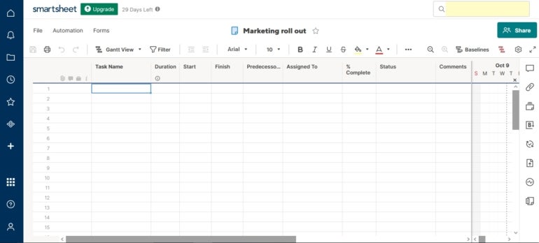 Smartsheet’s Project template creates a blank Grid view with predefined columns.