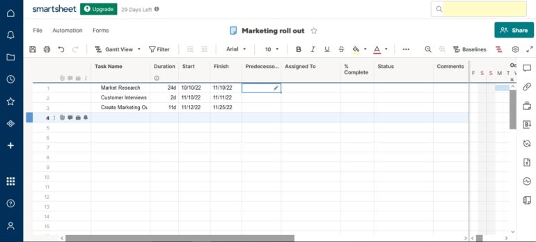 Enter the data for the main phases of your project into Smartsheet.