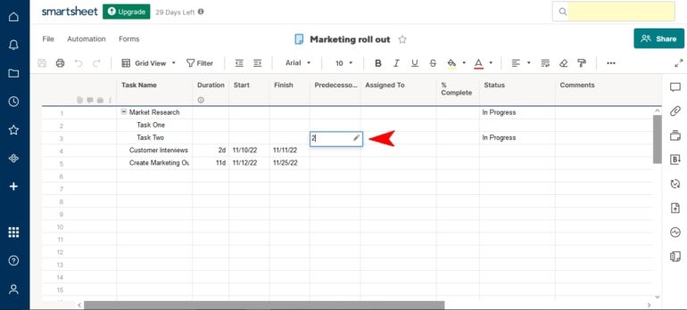 Fill out the Predecessors column to indicate task dependencies in your Smartsheet project board.