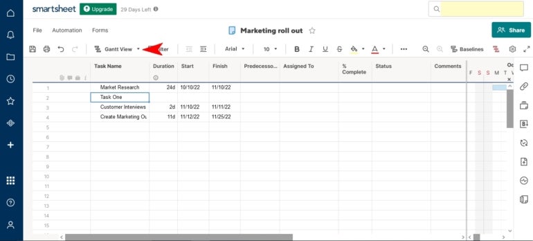 Use the view icon in Smartsheet’s toolbar to change the board view.