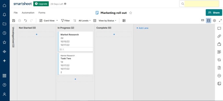 The Card View in Smartsheet mimics a kanban board, dividing different tasks into individual cards.