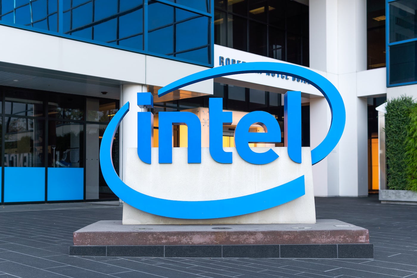 The Intel sign in front of their headquarters.