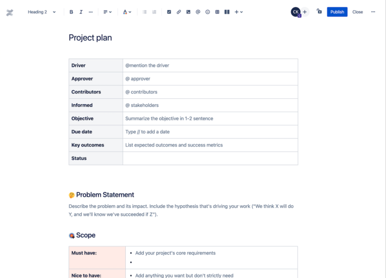 Confluence project plan template to map out your projects ahead of time.