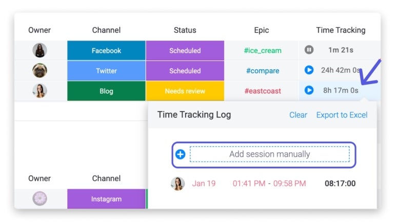 Time tracking tools in monday work management.