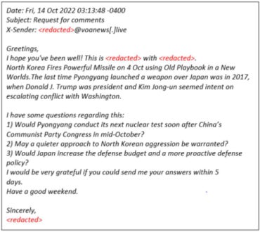 This screenshot shows a sample email sent by APT43 masquerading as a journalist.. 