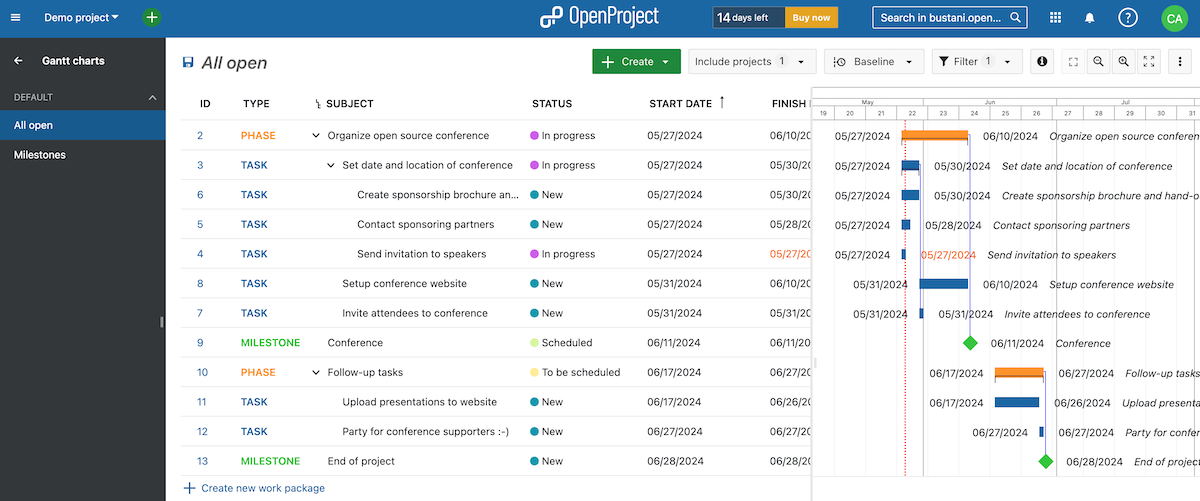 A Gantt chart visualizing how project plans and schedules in OpenProject.