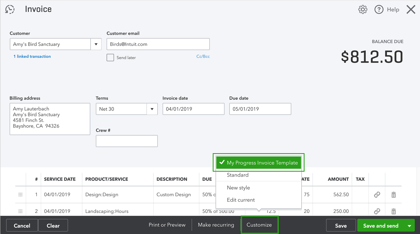 Screenshot of QuickBooks invoice.