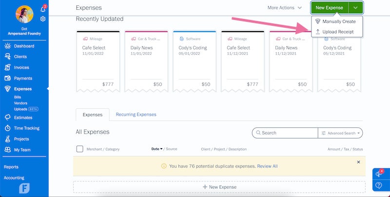 Screenshot of FreshBooks expenses.