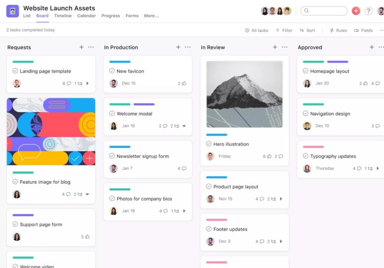 Asana board view provides an overview of a project.