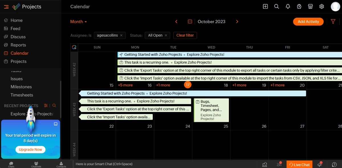 Calendar view in Zoho Projects.