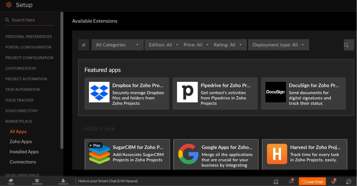 Some of the integrations available to Zoho Projects.