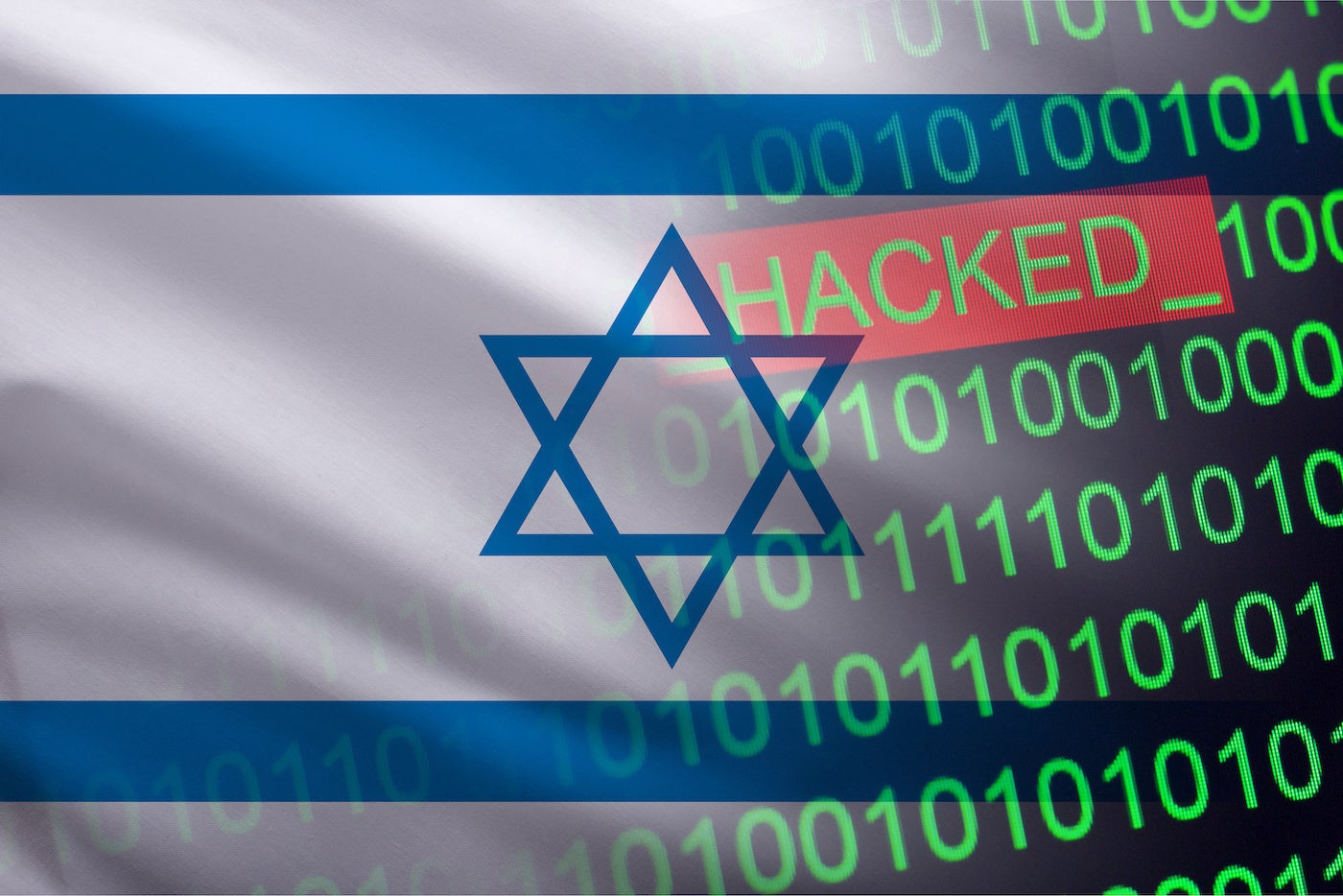 Israel flag with cybersecurity hacked copy in stock image.