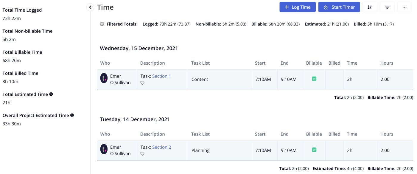 Teamwork time tracking dashboard feature