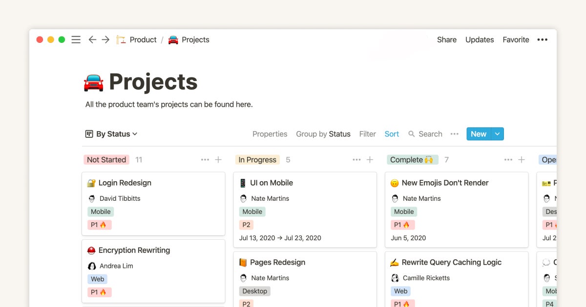 Board view in Notion showing project by status: Not started, in progress and complete.