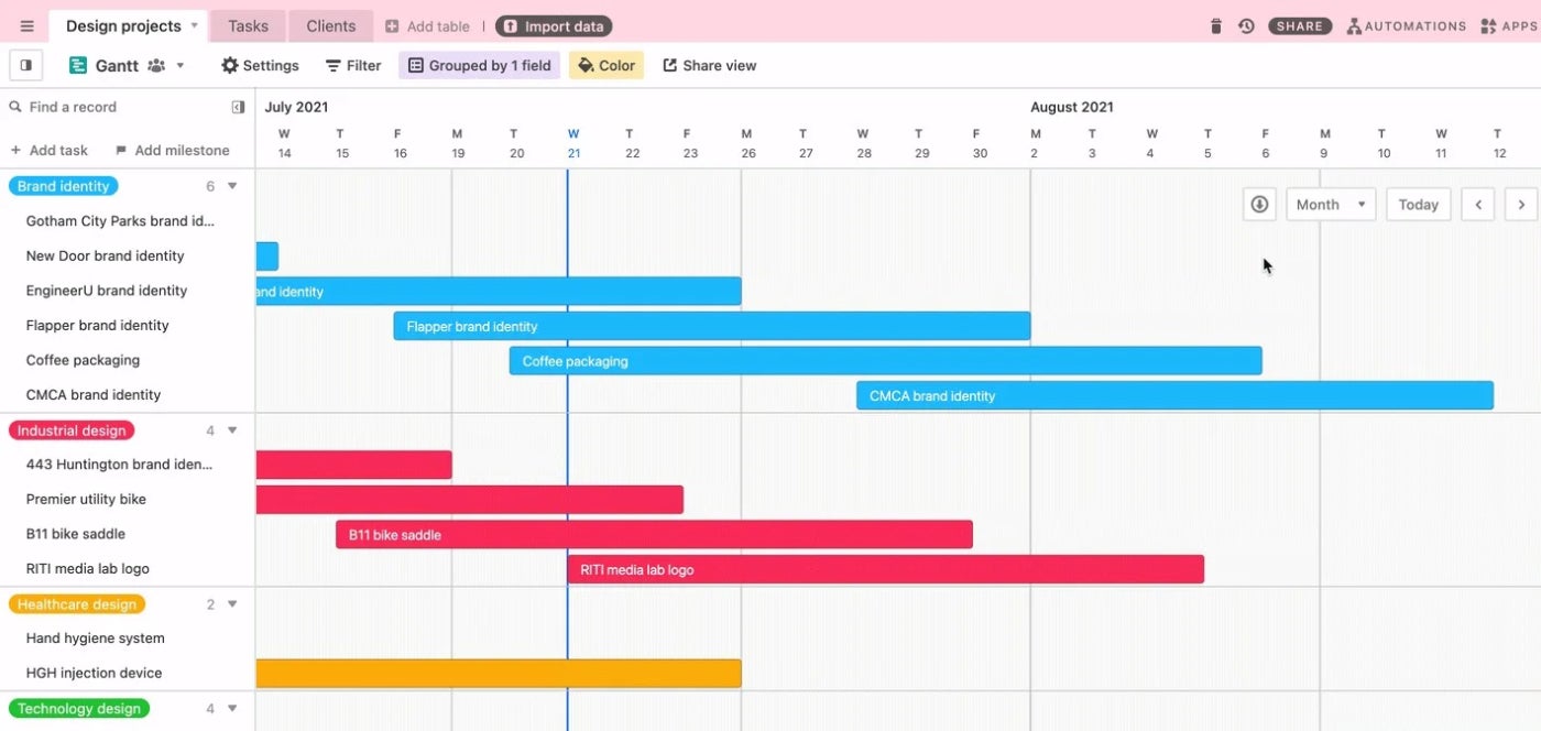 Gantt chart view in Airtable.