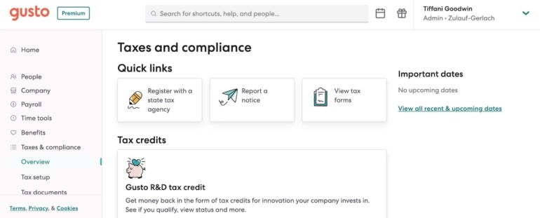 Gusto’s tax-filing tools include compliance notifications and information about tax credits your company could be eligible for.