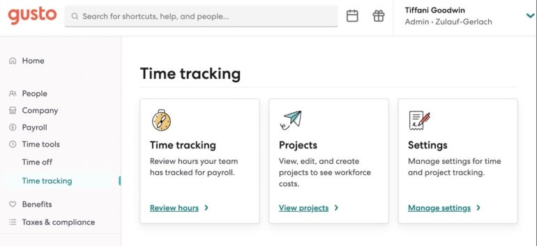 Gusto’s time-tracking and attendance software lets employers approve time off, see employee hours, and break projects down by hours worked.