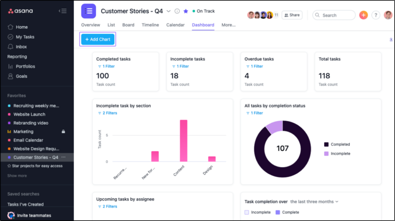 Charts on project dashboard to track project progress.