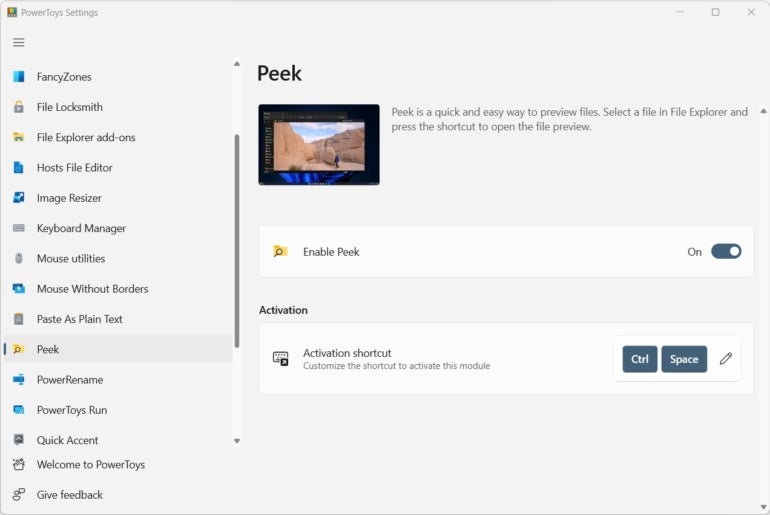 Peek menu in Microsoft PowerToys