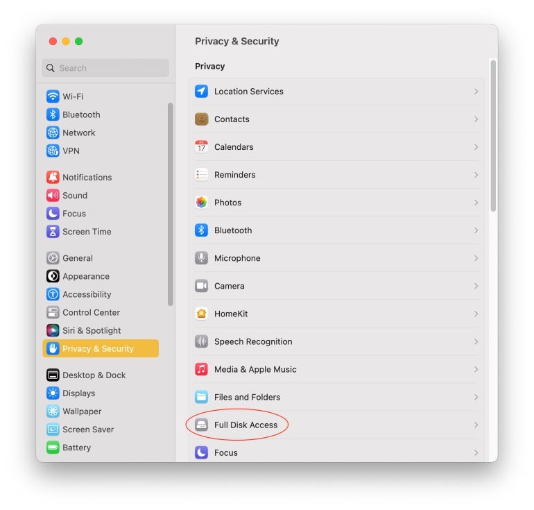 macOS Ventura Full Disk Access settings
