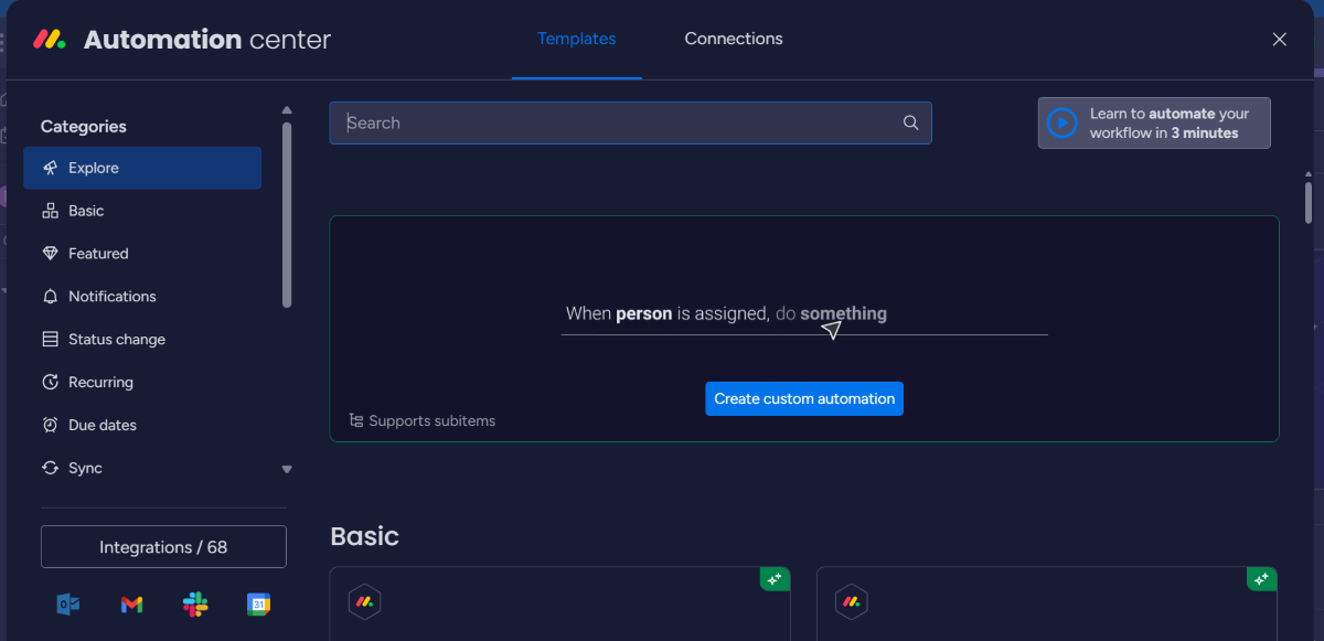 monday.com automation center.