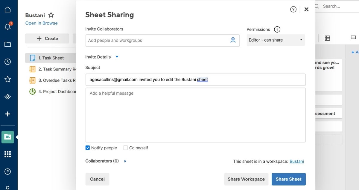 Inviting collaborators in Smartsheet.