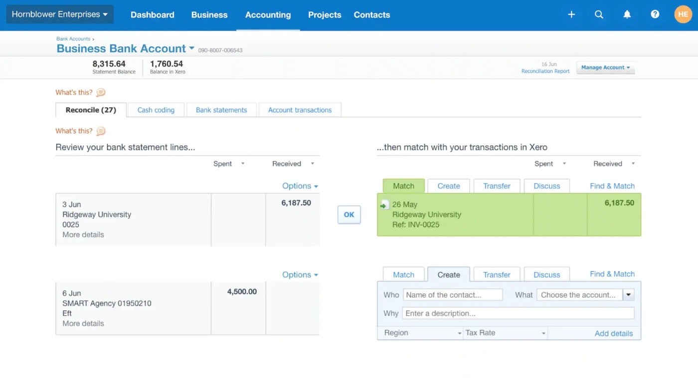 An example of transaction reconciliation in Xero.