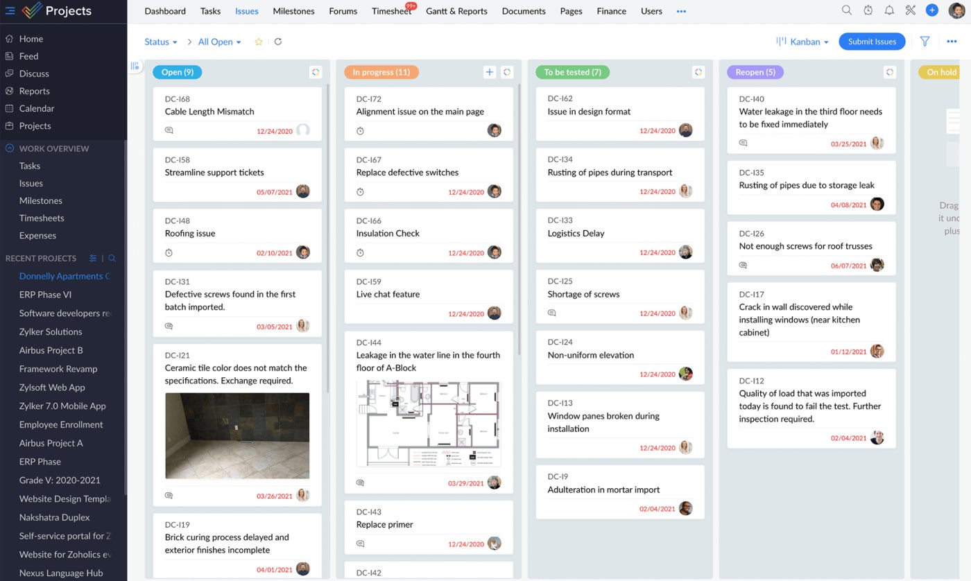 The Kanban card view in Zoho Projects.