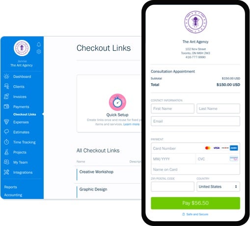 FreshBooks’ payments checkout feature on web and mobile.