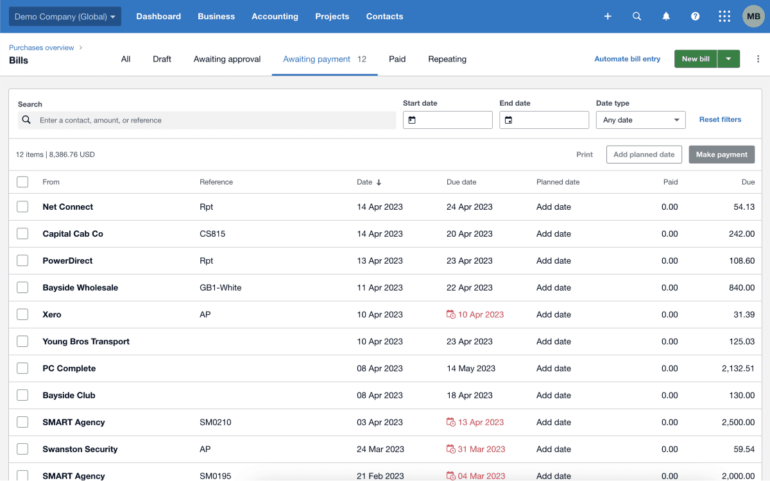 Xero’s new bills dashboard.
