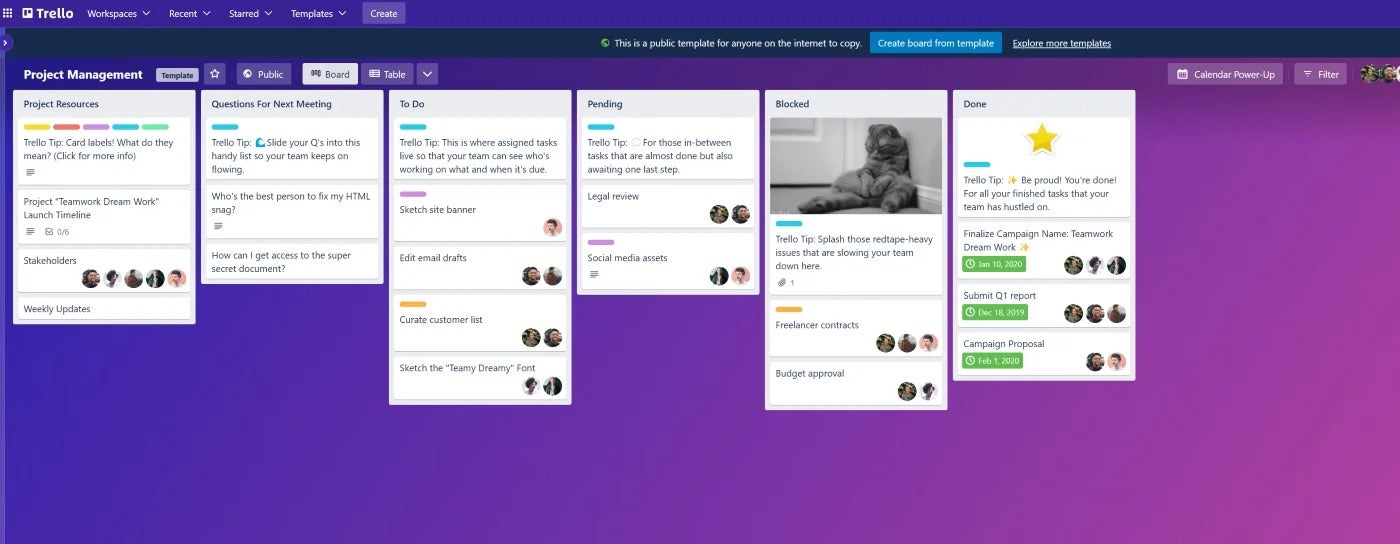 Trello board view displaying a variety of project tasks.
