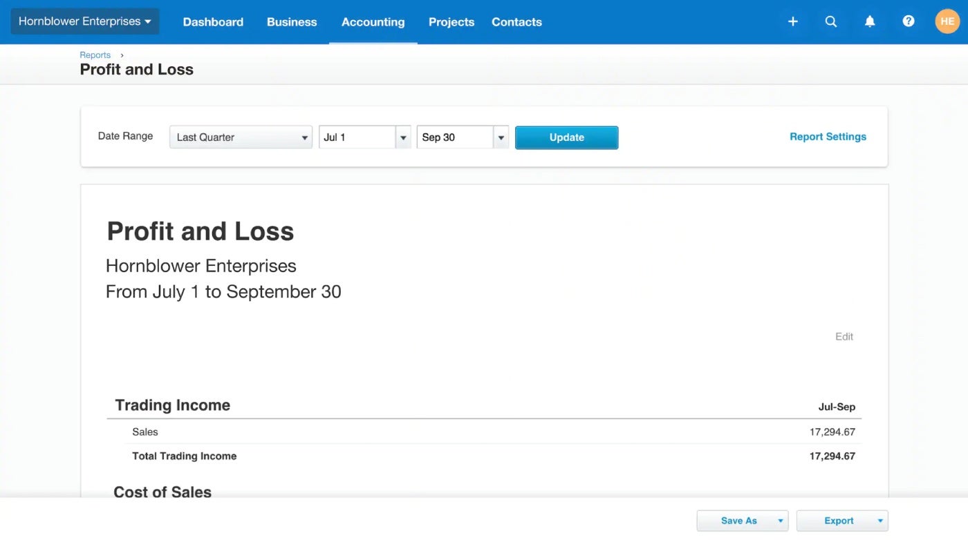 An example of a profit and loss report in Xero.