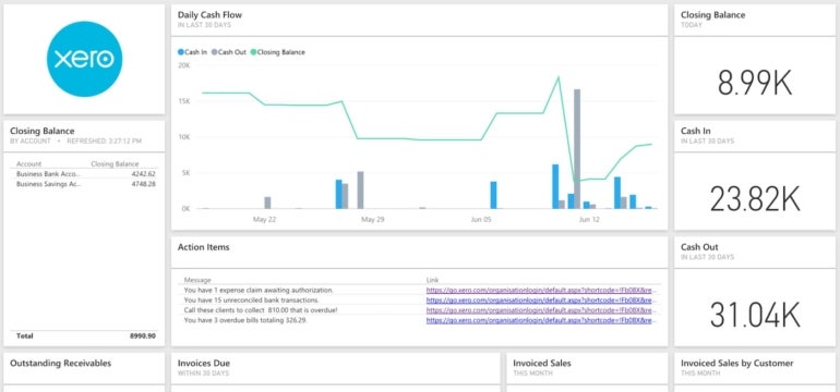 Xero integrates with Microsoft BI for reports and analytics.