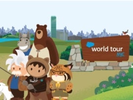 illustration of cartoon antrhopomorphic animals and humans in from of a sign with the Salesforce logo that says World Tour