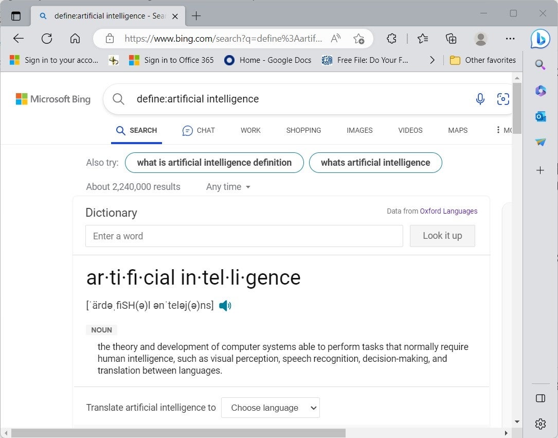 a search result for define:artificial intelligence in Bing