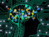A brain and skull are outlined with blobs of color shown in the region of the brain. This image is meant to represent artificial intelligence processes and their creative aspects.