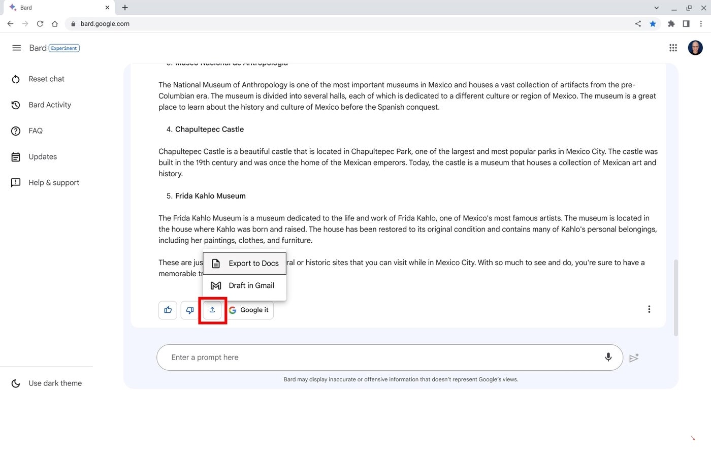 Export option highlighted in Google Bard
