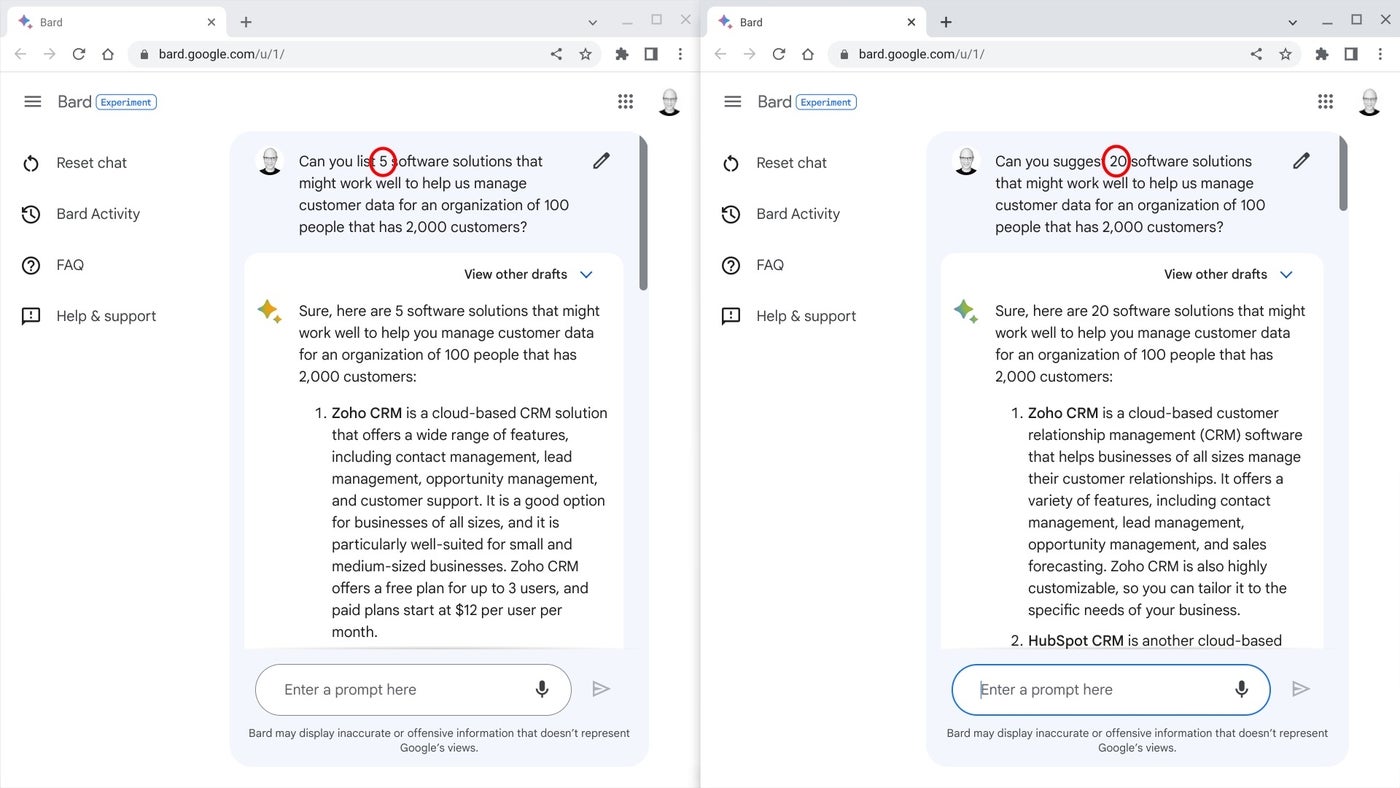 Prompting Google Bard to provide a target number of words, items or steps to obtain a desired level of detail