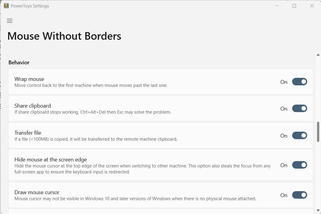 Behaviors menu for the Mouse Without Borders PowerToys utility